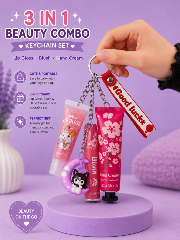 3 In 1 Beauty Keychain Combo Set – Lip Gloss, Liquid Blush &amp; Hand Cream Keychain Gift Set for Girls &amp; Women