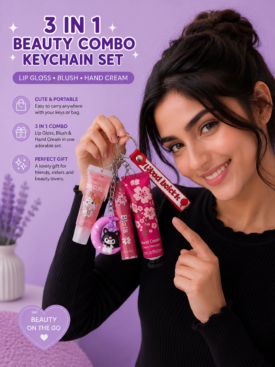3 In 1 Beauty Keychain Combo Set – Lip Gloss, Liquid Blush &amp; Hand Cream Keychain Gift Set for Girls &amp; Women