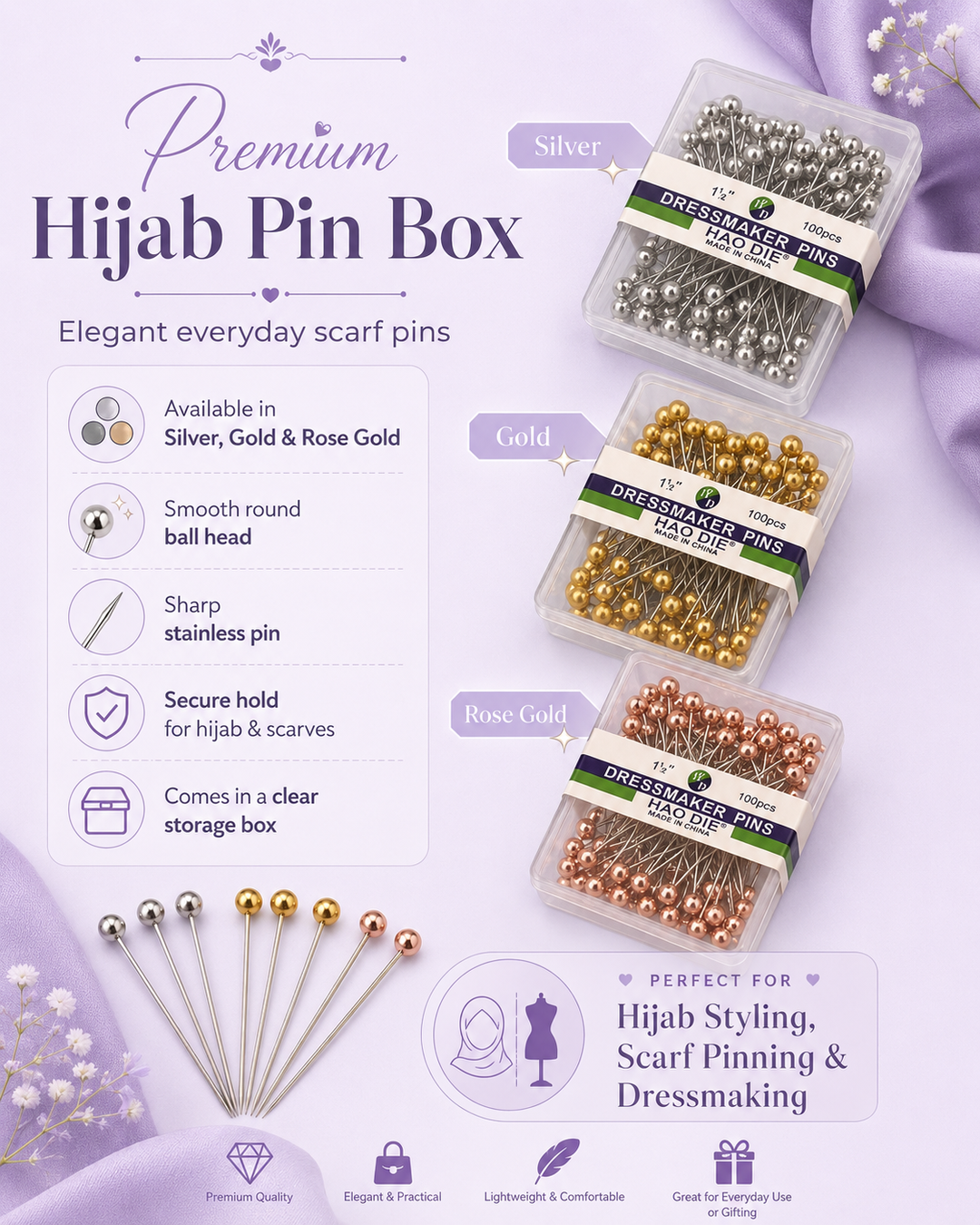 Hijab Pin Box  Stainless Scarf Pins with Clear Storage Case