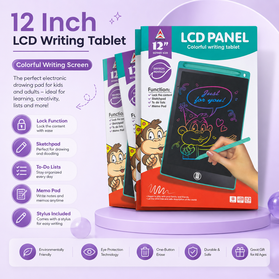 12 Inch LCD Writing Tablet for KidsColorful Screen Reusable  Lock Function &amp; One-Click Erase