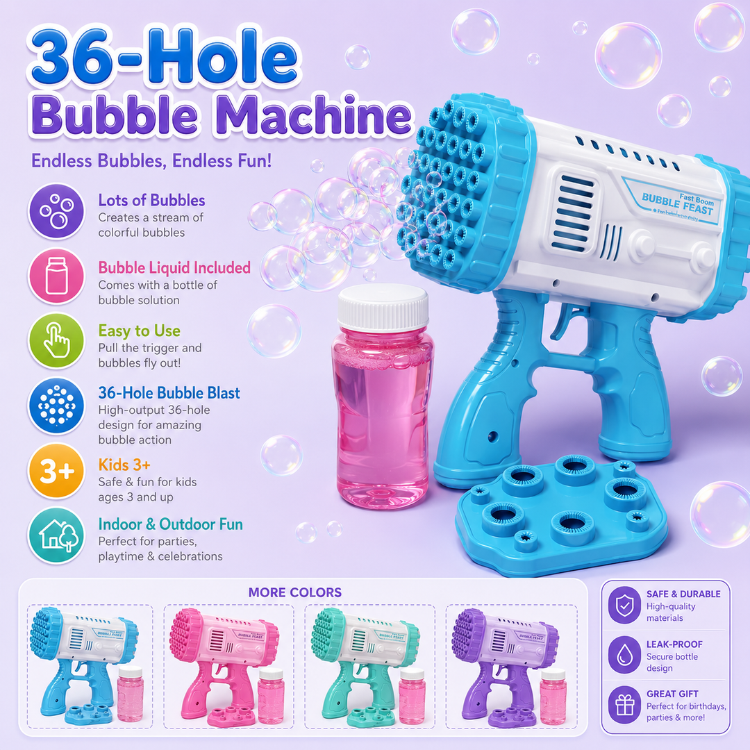 36-Hole Bubble Bazooka Gun for Kids with Bubble Liquid &amp; Tray