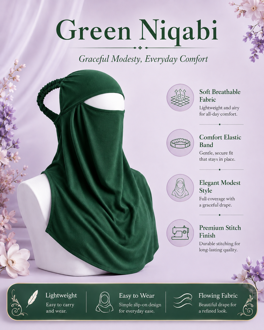 Green  Niqabi  Elegant Breathable Modest Face Veil for Women
