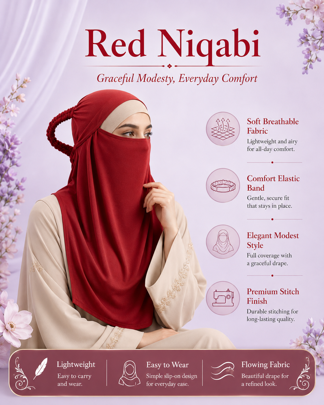 Red  Niqabi  Elegant Breathable Modest Face Veil for Women