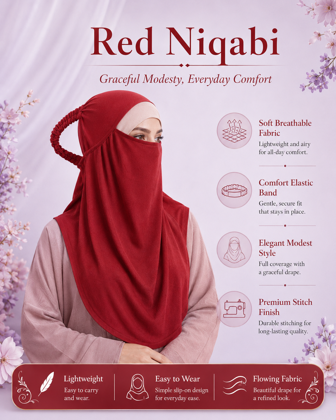 Red  Niqabi  Elegant Breathable Modest Face Veil for Women
