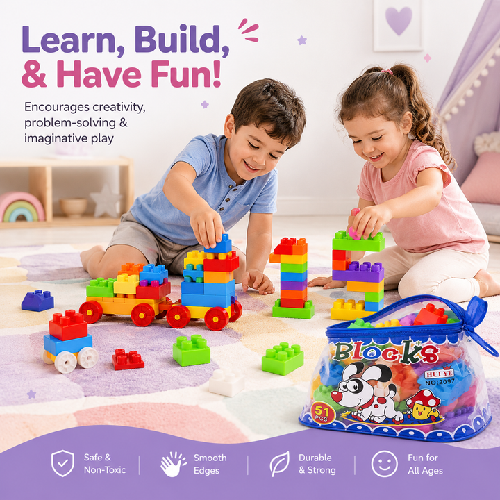 51 PCS Kids Building Blocks Toy Set with Storage Bag