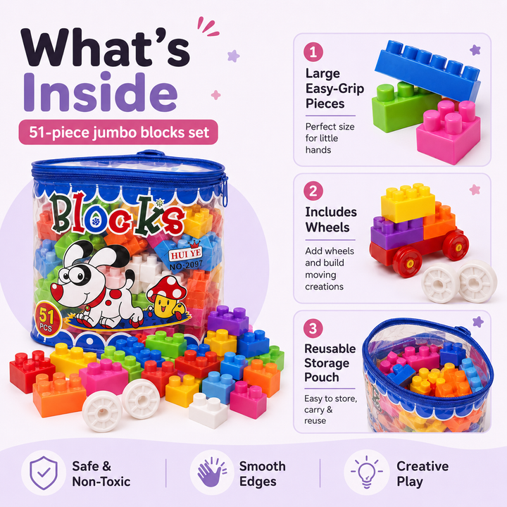 51 PCS Kids Building Blocks Toy Set with Storage Bag