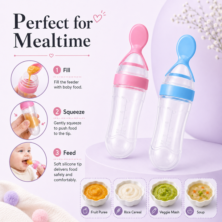 Baby Silicone Spoon Feeder Bottle  Soft Squeeze Food Dispenser for Puree &amp; Cereal