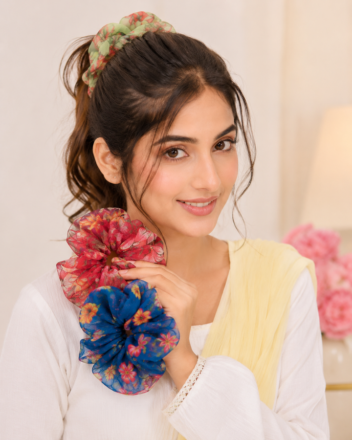Printed Organza Scrunchies for Women Soft Floral For Daily Styling