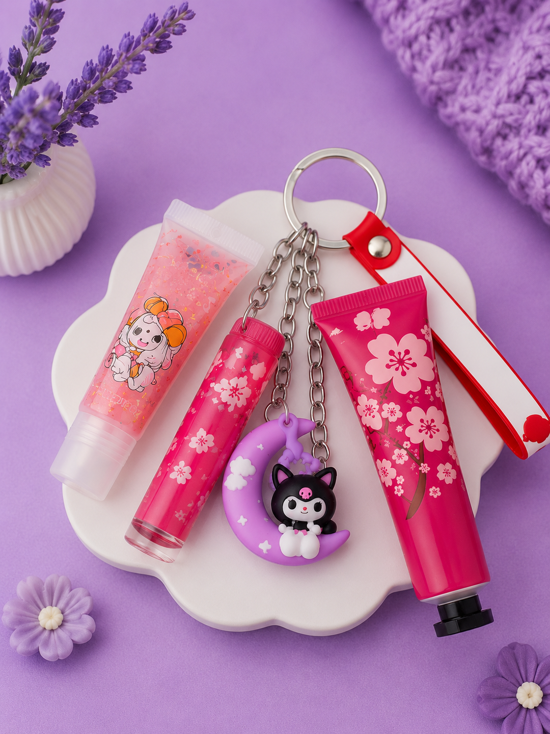 3 In 1 Beauty Keychain Combo Set – Lip Gloss, Liquid Blush &amp; Hand Cream Keychain Gift Set for Girls &amp; Women