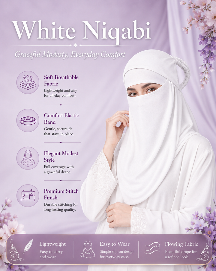 White  Niqabi Elegant Breathable Modest Face Veil for Women