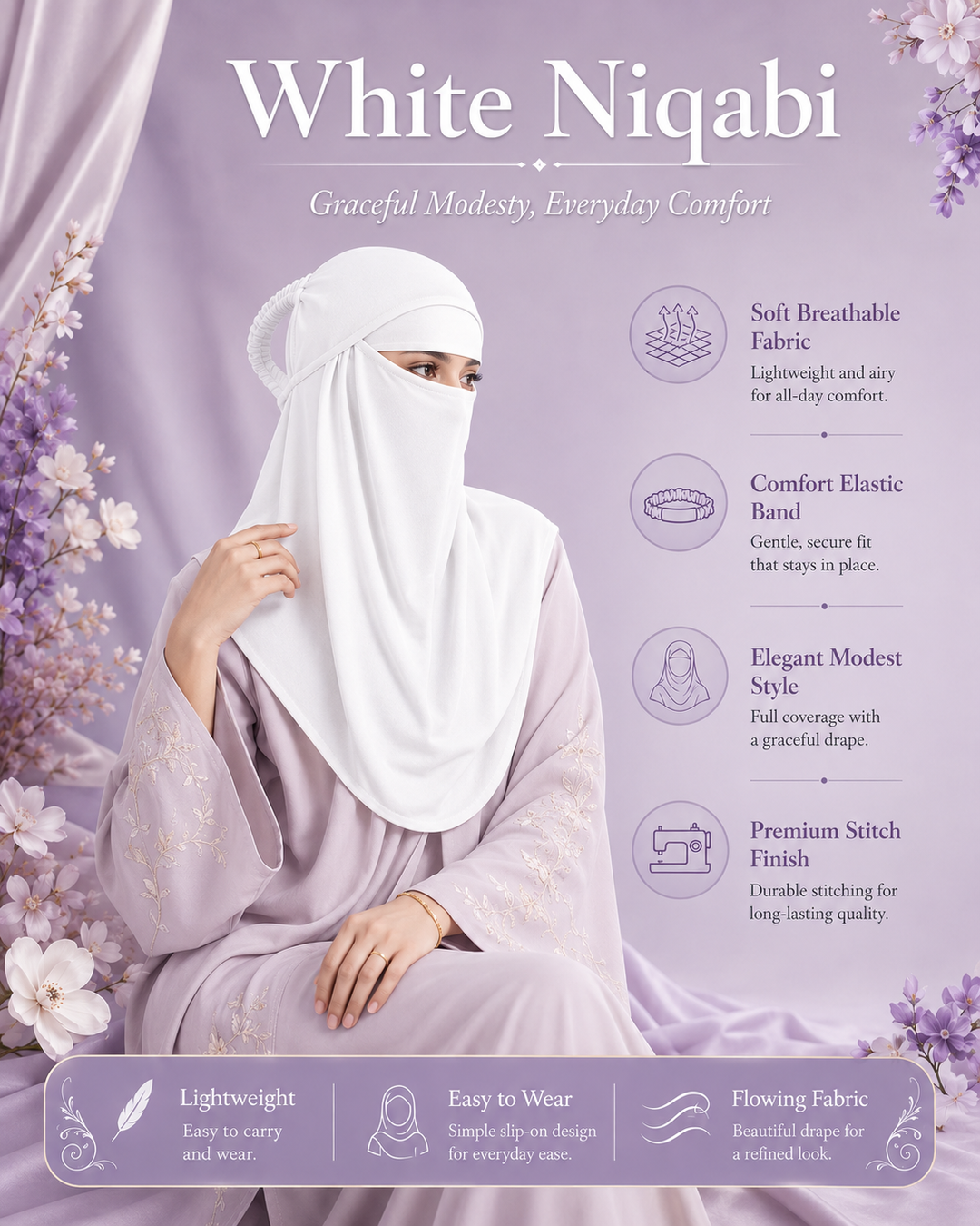White  Niqabi Elegant Breathable Modest Face Veil for Women