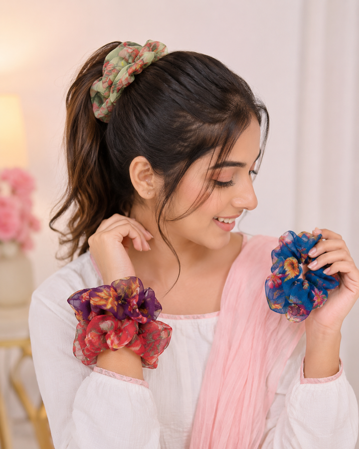 Printed Organza Scrunchies for Women Soft Floral For Daily Styling